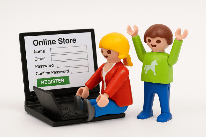 Dos playmobil felices haciendo el registro en un portatil